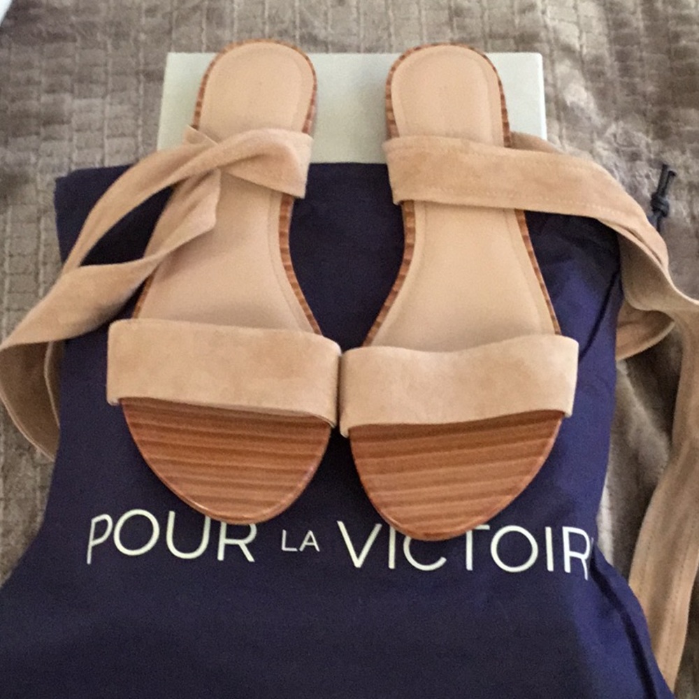 New Pour La Victoire nude suede wrap sandals, 8.5